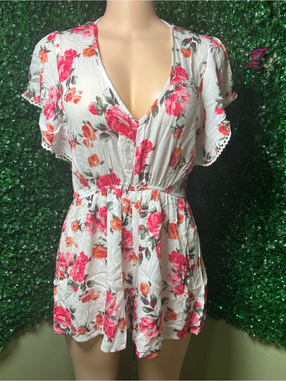 Trixxi White Floral V-Neck Romper with Pink and Coral Blooms